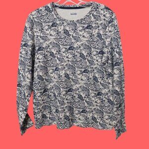 Basic Editions Womens Paisley Print Long Sleeve Shirt  Blue & White Medium